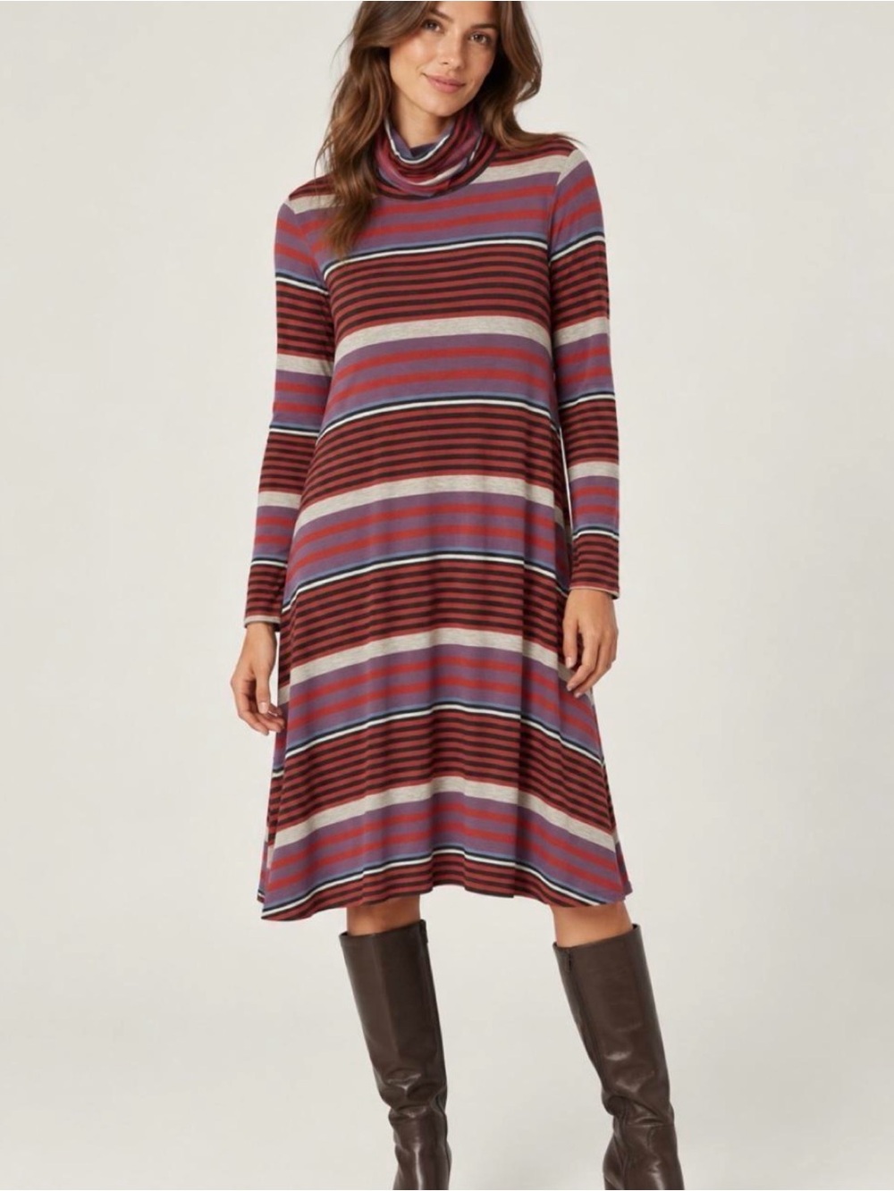 Anthropologie Maeve Striped Turtleneck Swing Dress M Midi A-Line Long Sleeve
